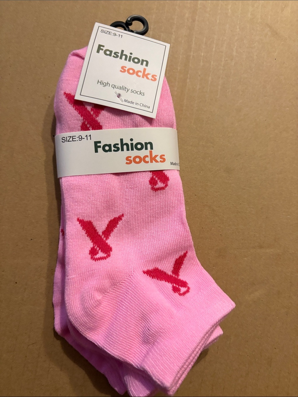 3 pair Fashion Socks Pink Crew Socks with Red Accent. Breast cancer awareness